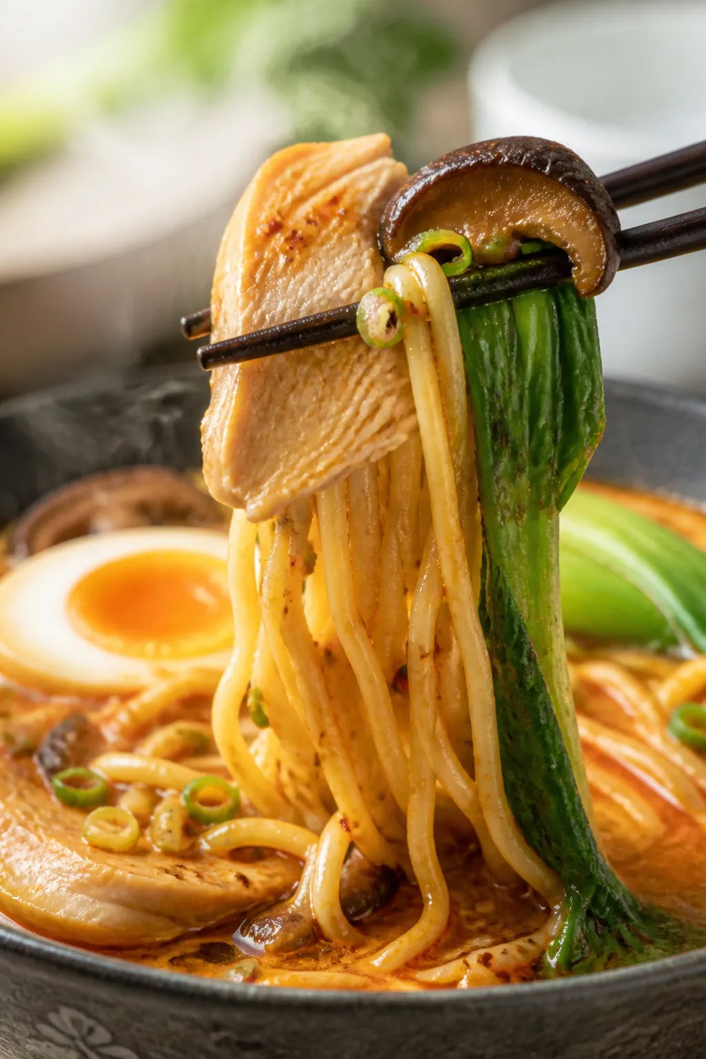 Final plated close-up: Glamour close-up of a lifted noodle bite from the finished ramen—chopsticks