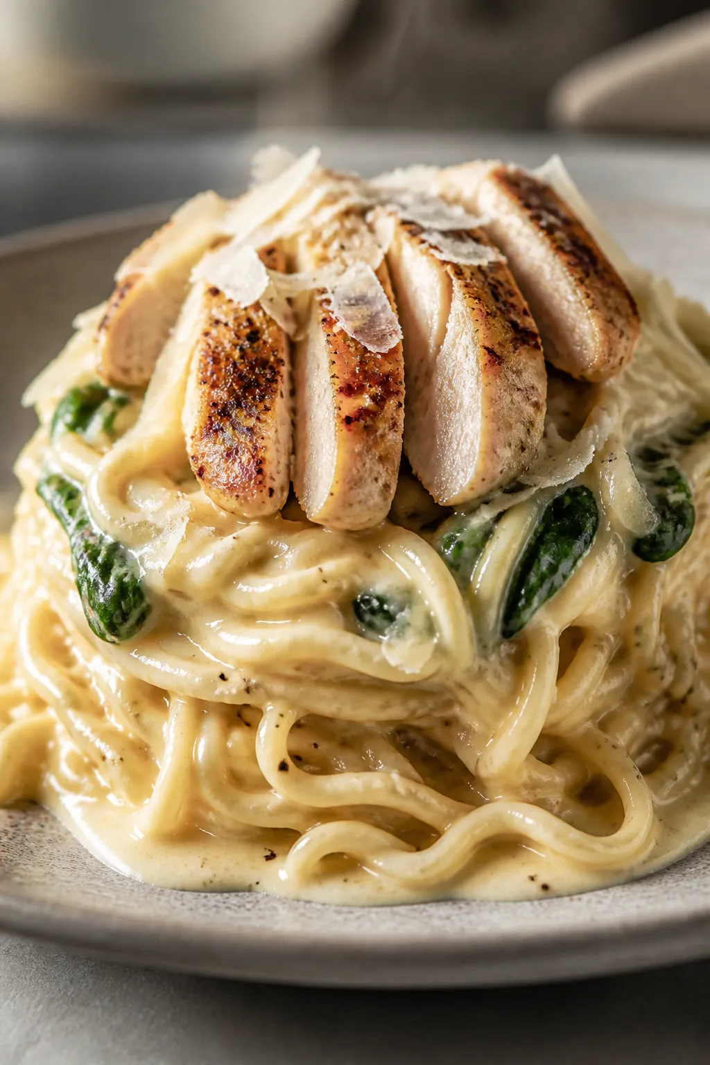 Final plated, close-up glamour: Twirled nest of ramen coated in glossy Alfredo, strands clinging wit