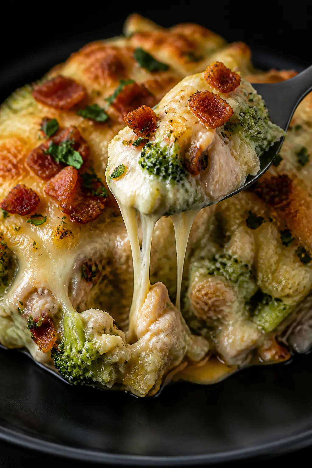 Final plated detail: Extreme close-up of a single plated serving with a spoonful lifted, revealing c