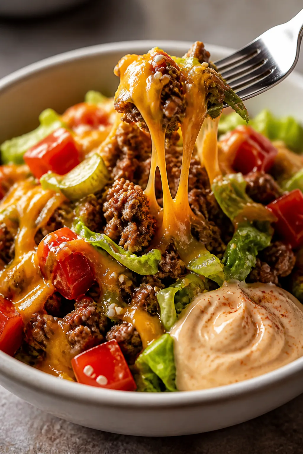 Final plated detail: Restaurant-quality presentation of a Cheeseburger Bowl with emphasis on texture