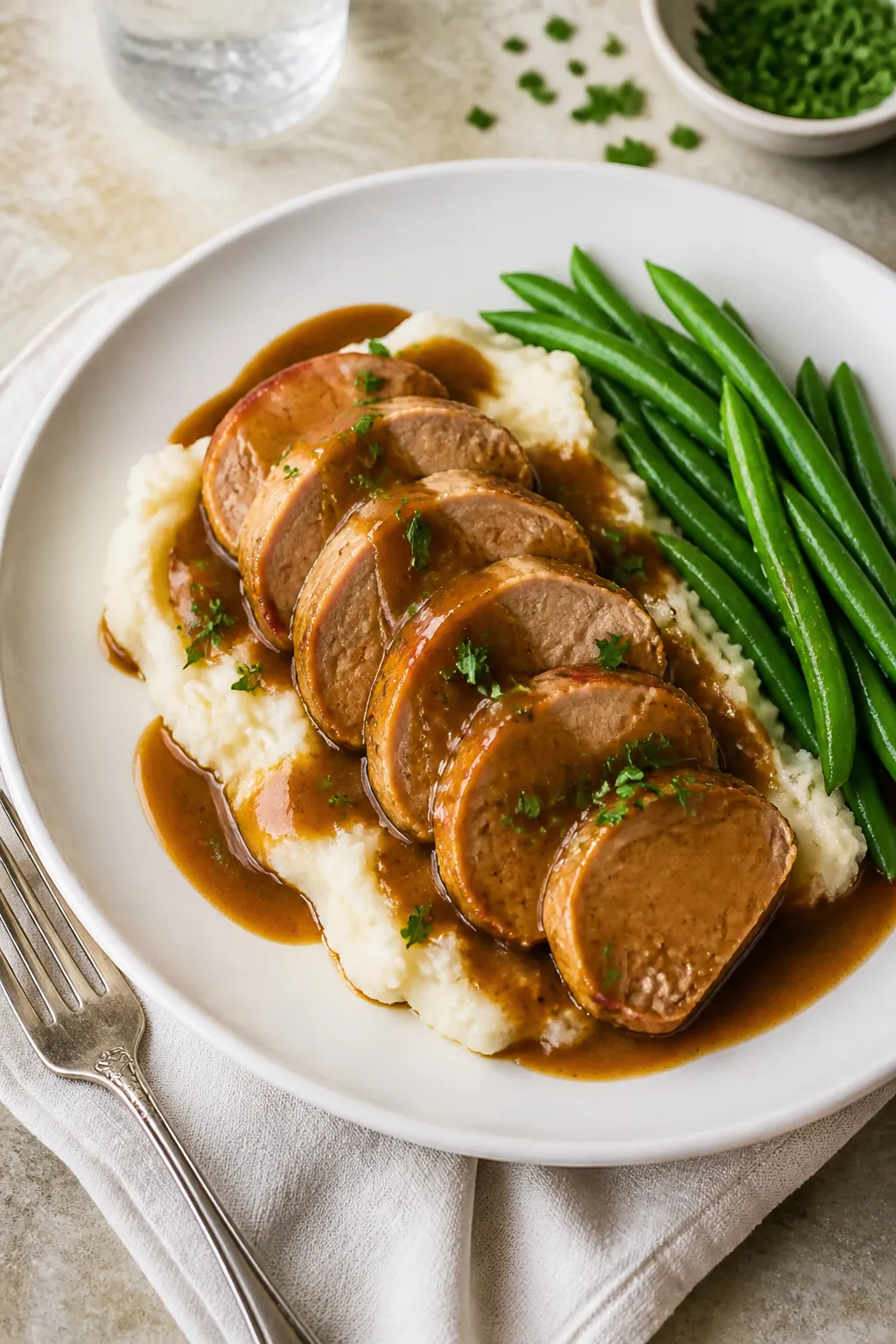 Final plated dinner shot: Restaurant-quality presentation of sliced pork tenderloin over creamy mash
