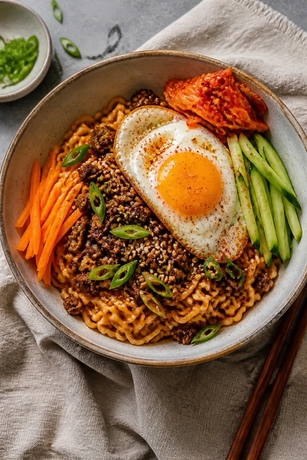 Final plated dish: Beautifully composed bowl of Korean Ground Beef Ramen, overhead hero shot; spring