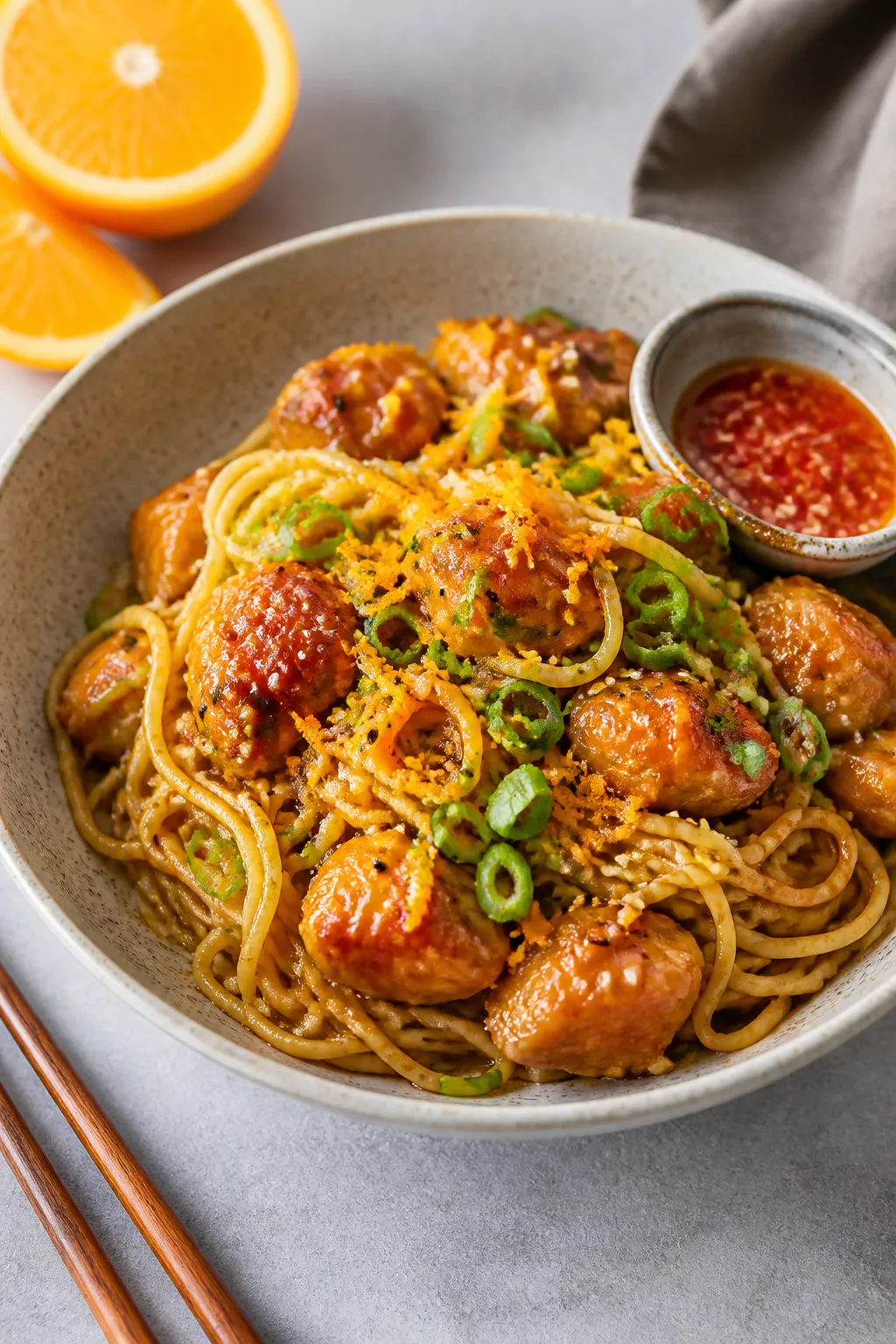 Final plated dish: Beautifully plated bowl of Orange Chicken Ramen—springy noodles twirled high wi