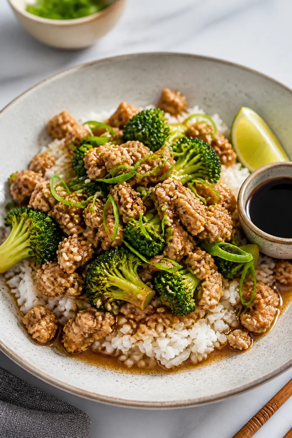 Final plated dish: Beautifully plated Ground Chicken and Broccoli over fluffy white rice in a wide, 