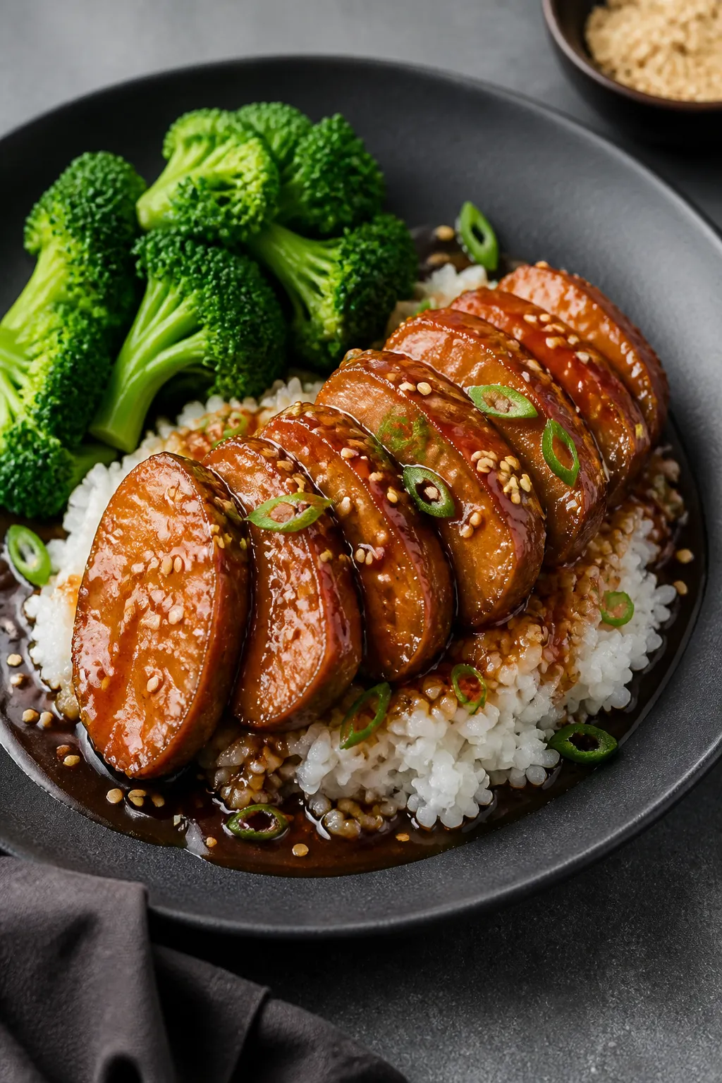 Final plated dish, : Beautifully plated Honey Garlic Pork Tenderloin medallions fanned over fluffy w