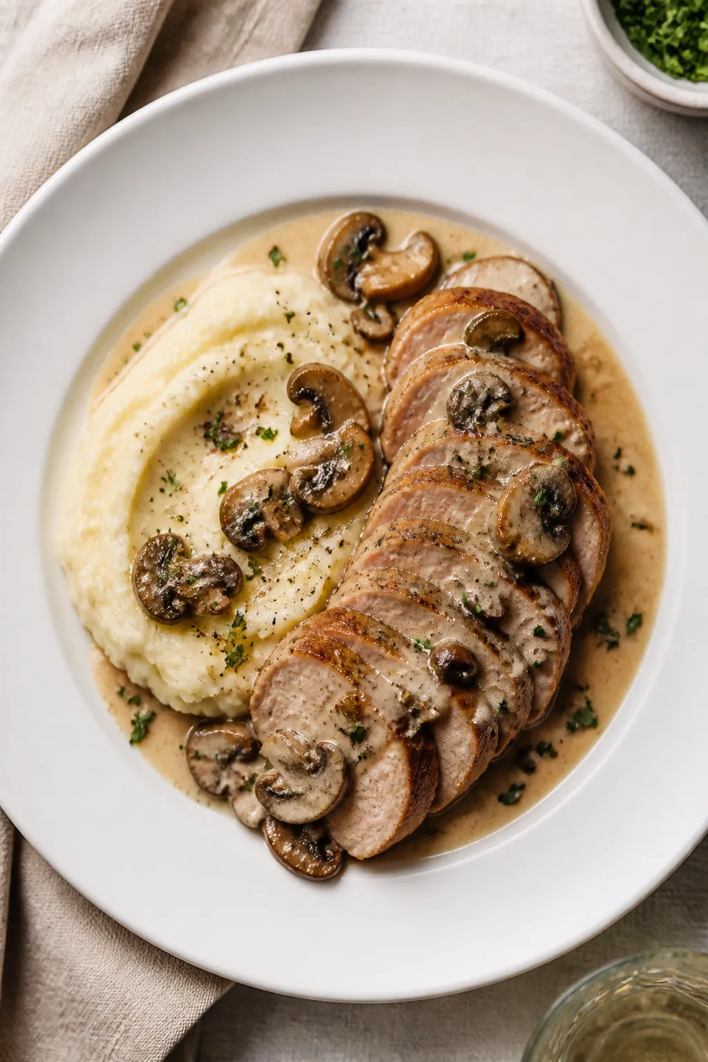Final plated dish: Beautifully plated mushroom pork tenderloin on a wide white rimmed plate—fan of