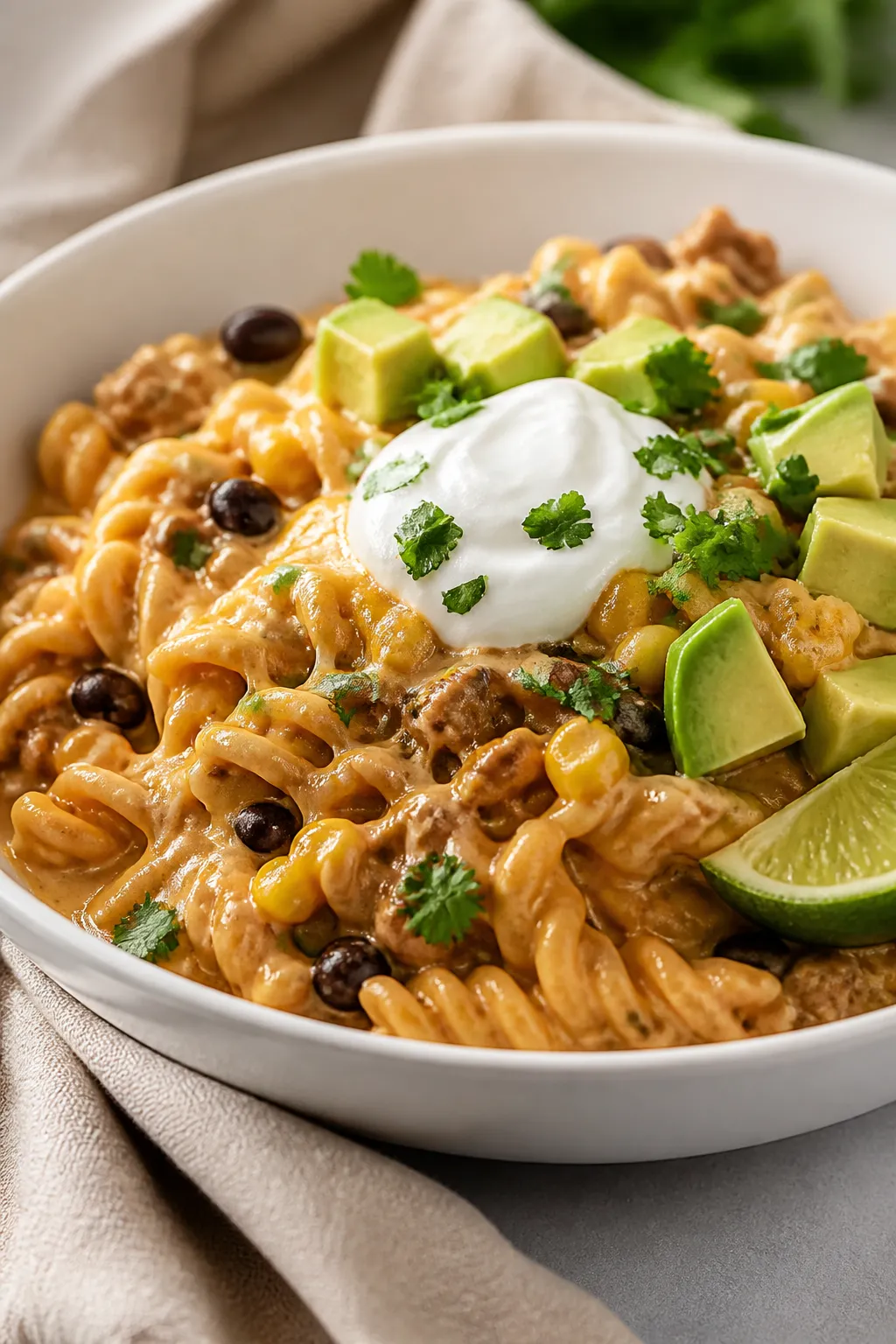 Final plated dish beauty: A shallow, wide white bowl filled with ultra-creamy taco pasta, sauce silk