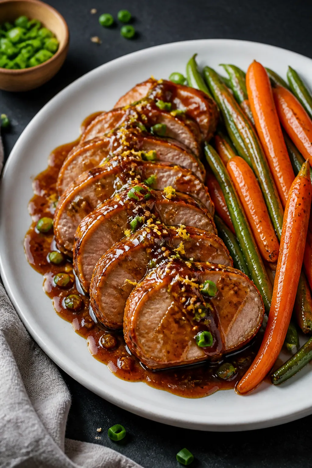 Final plated dish beauty shot: Sliced pork tenderloin arranged as overlapping 1/2-inch medallions on