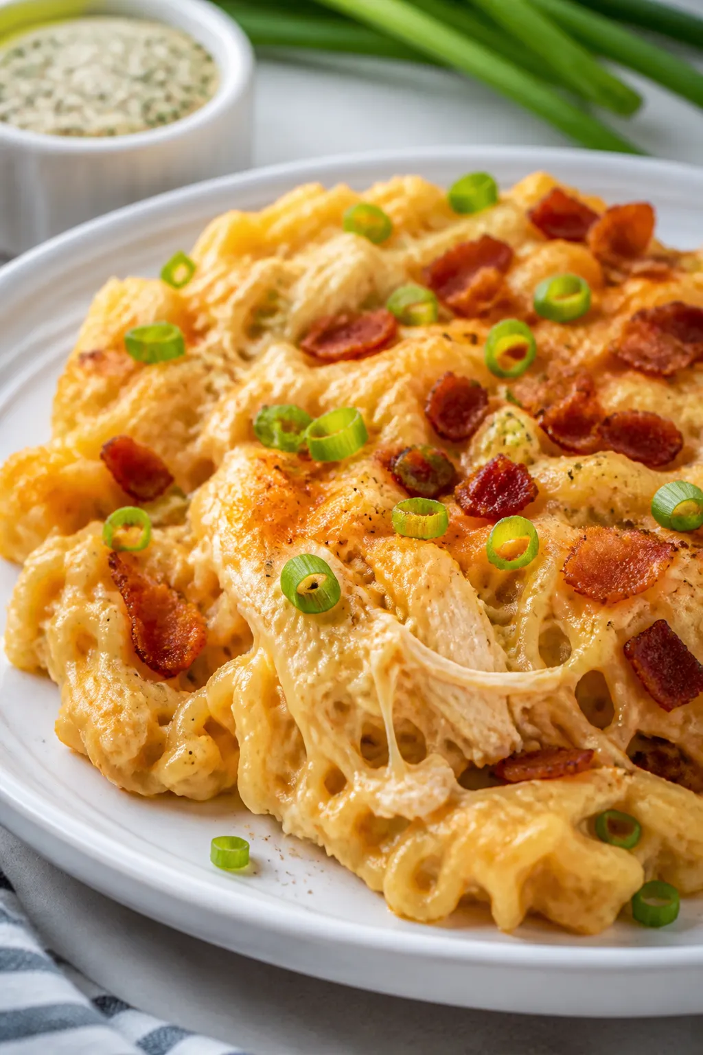 Final plated dish close-up: A hearty scoop of Crack Chicken Ramen Casserole on a wide white plate, n