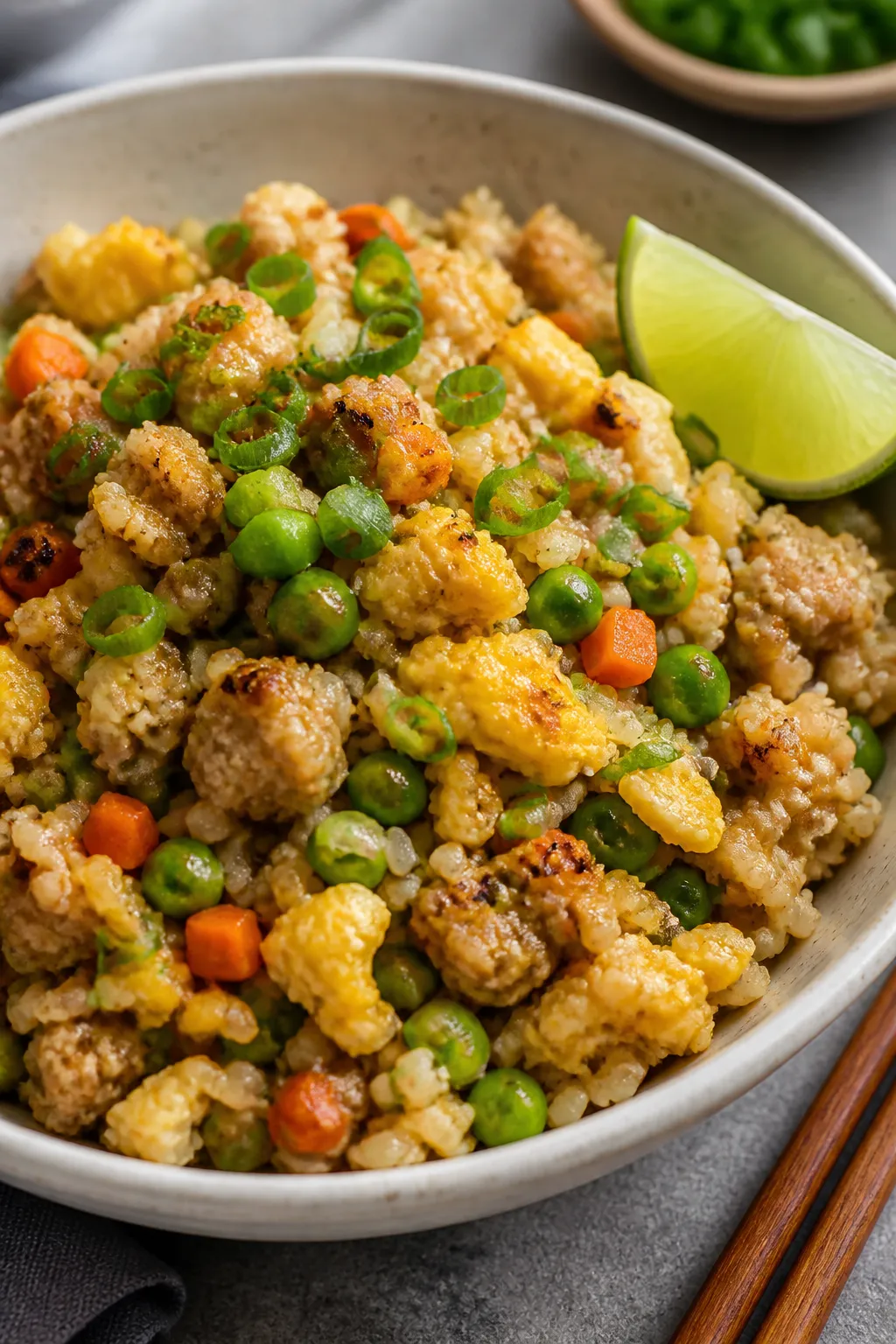 Final plated dish – Close-up detail of a generous bowl of Ground Chicken Cauliflower Fried Rice pl