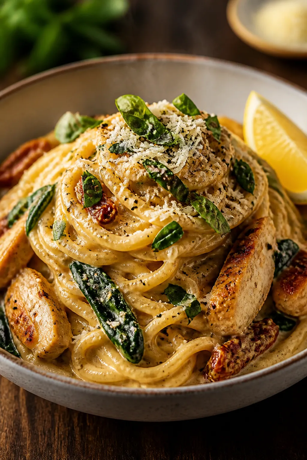 Final plated dish, close-up: Restaurant-style bowl of Creamy Tuscan Chicken Ramen twirled into a hig