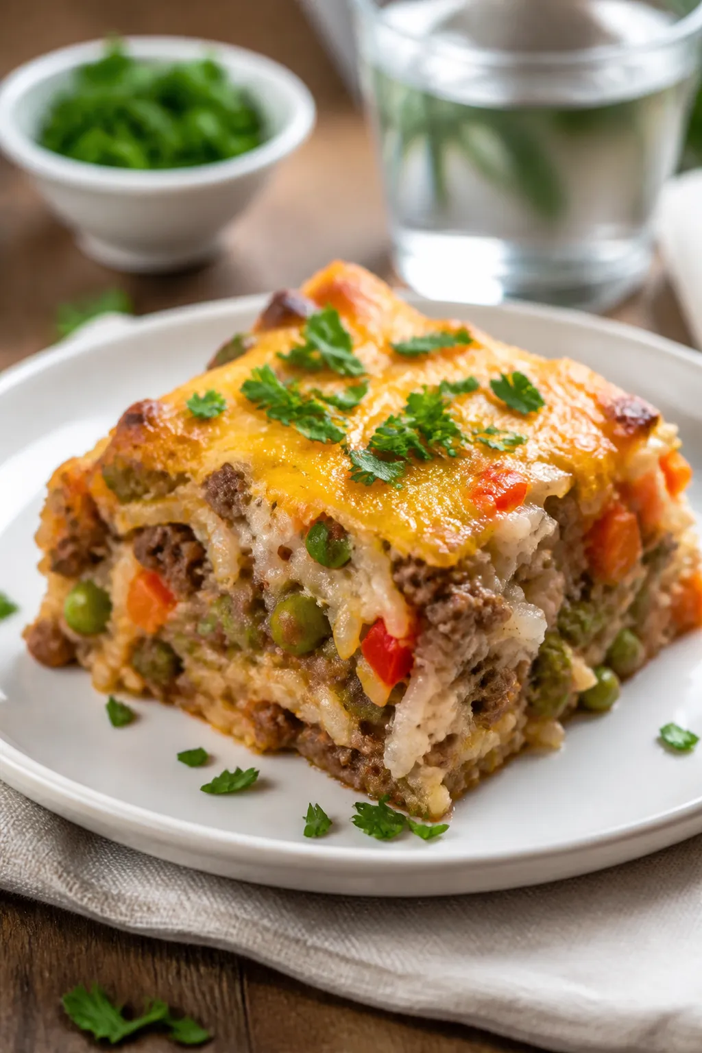 Final plated dish, cozy weeknight vibe: Beautifully plated square of Healthy Hamburger Rice Casserol