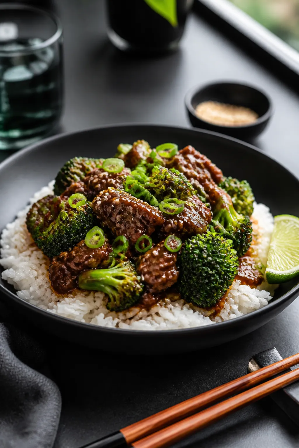 Final plated dish, : Ground beef and broccoli served over fluffy white rice in a matte black shallow