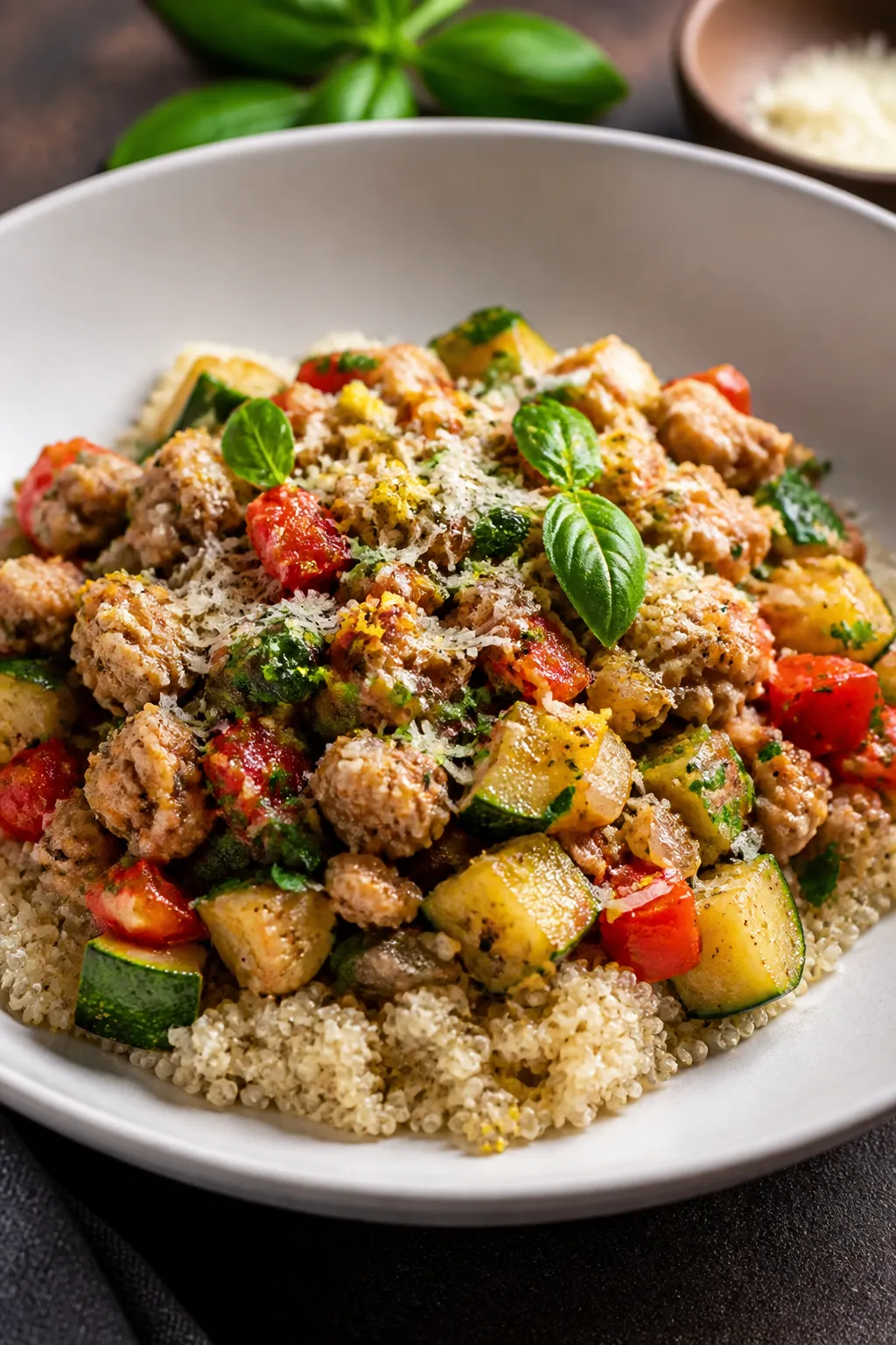 Final plated dish, restaurant-quality: Beautifully plated serving of Ground Chicken Zucchini Skillet