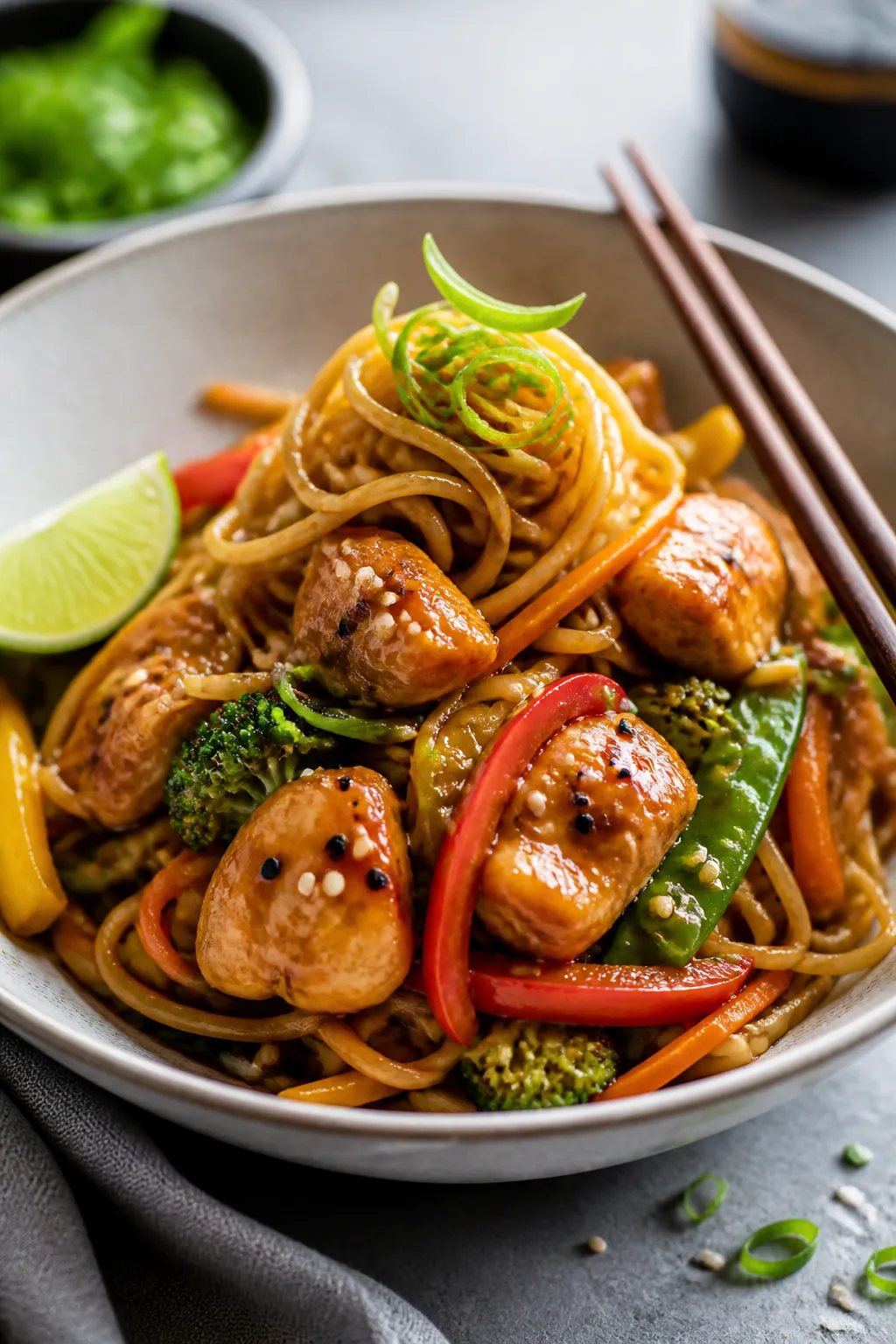Final plated dish: Restaurant-quality bowl of Chicken Teriyaki Ramen Stir Fry twirled high for heigh