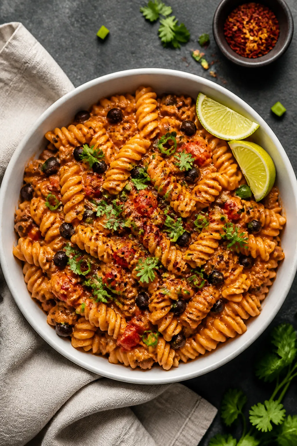 Final plated dish: Restaurant-quality bowl of High Protein Taco Pasta, overhead top-down composition