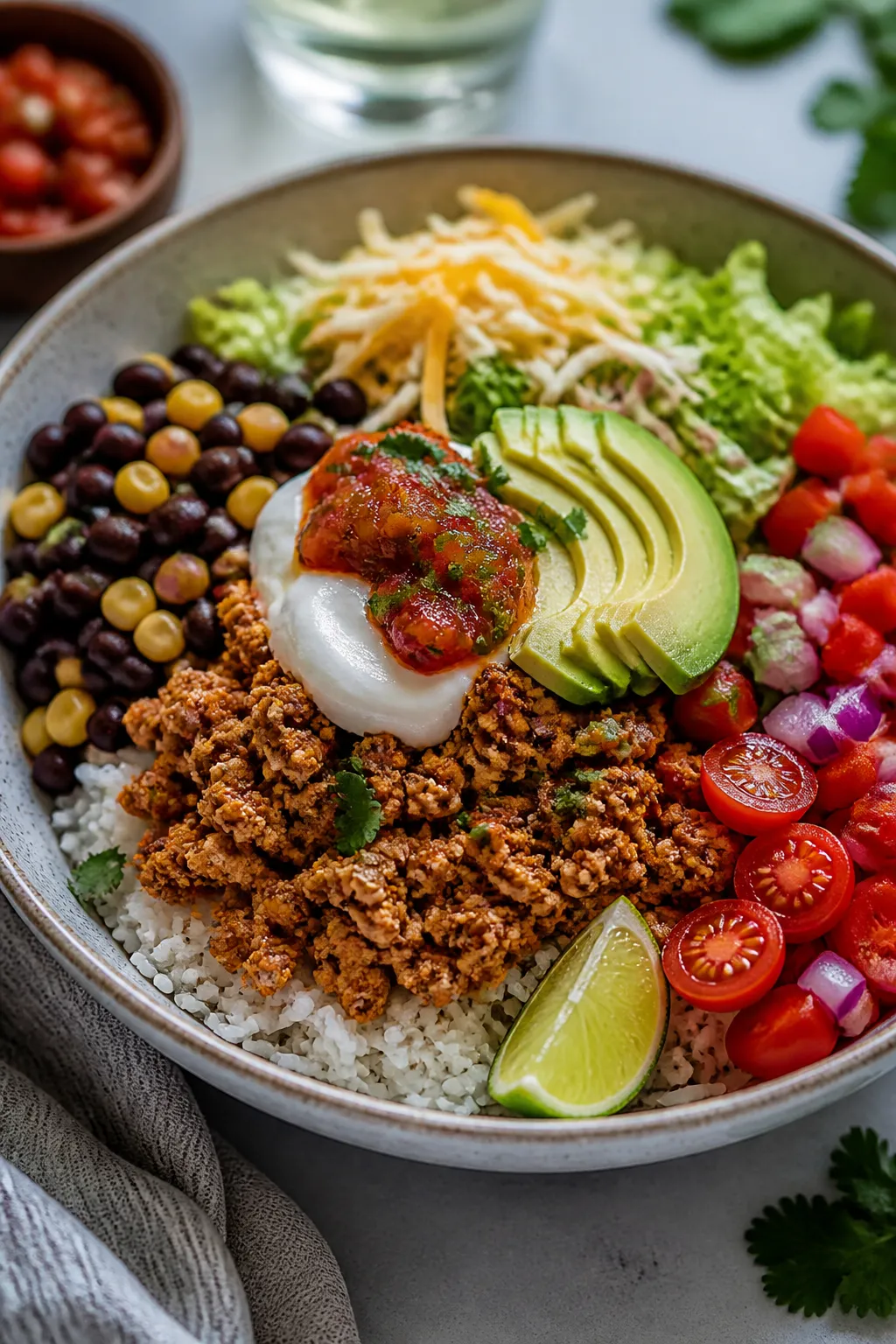 Final plated dish — restaurant-quality burrito bowl: Three-quarter angle close-up of a composed Gr