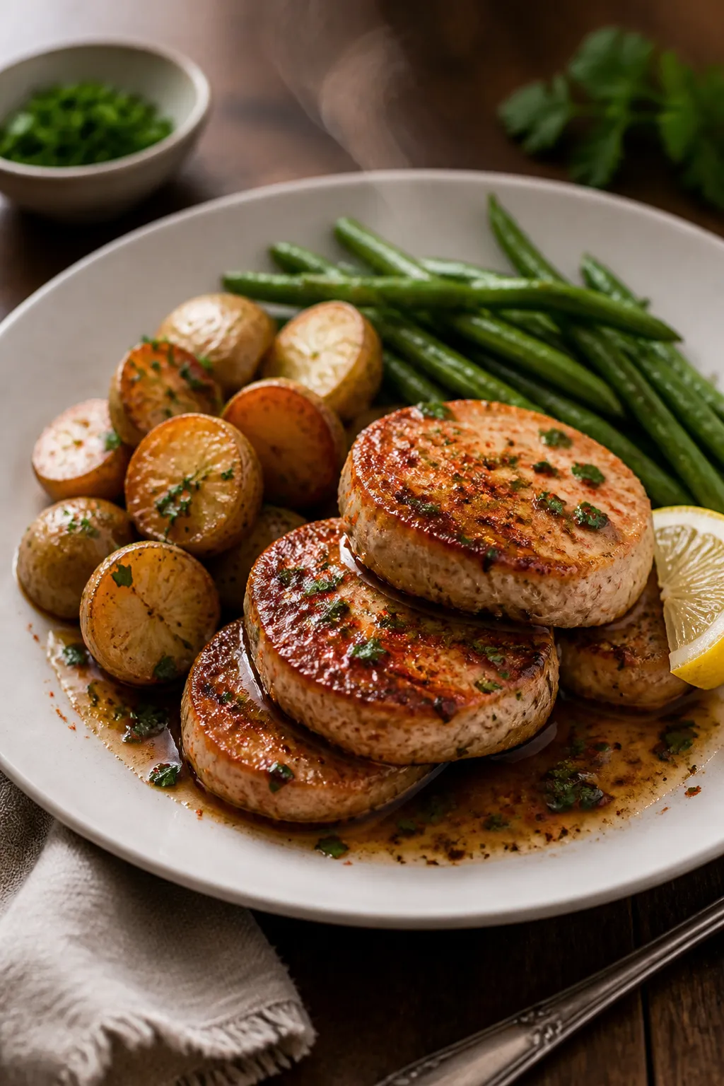 Final plated dish: Restaurant-quality presentation of juicy pork tenderloin medallions stacked sligh
