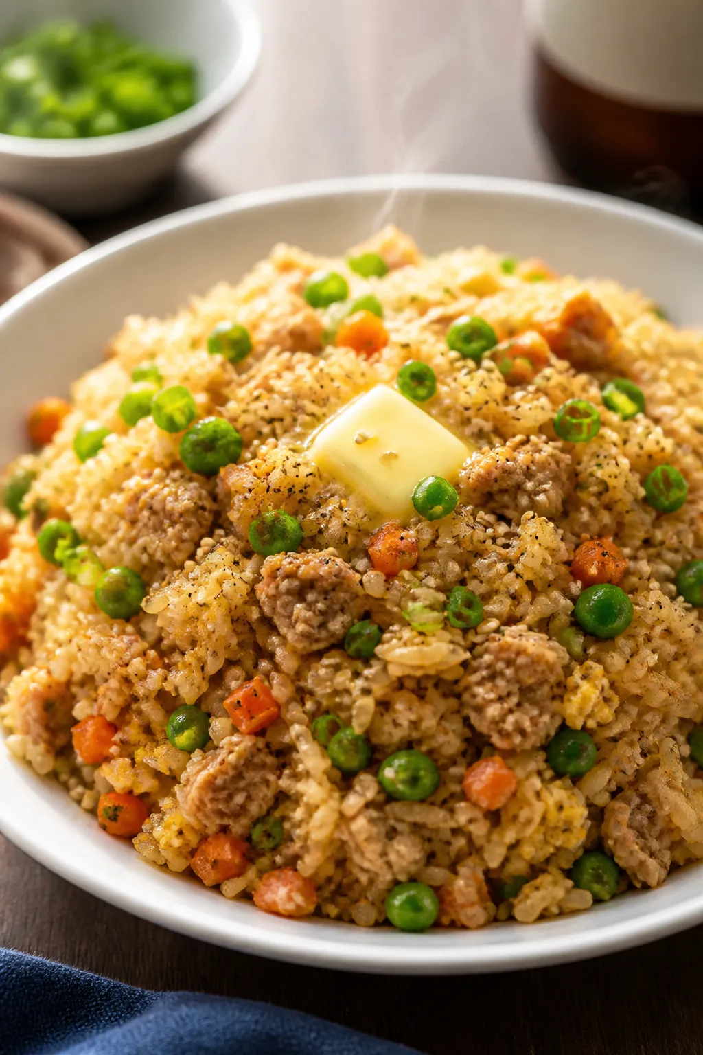 Final plated dish: Restaurant-quality presentation of Ground Chicken Fried Rice mounded in a shallow