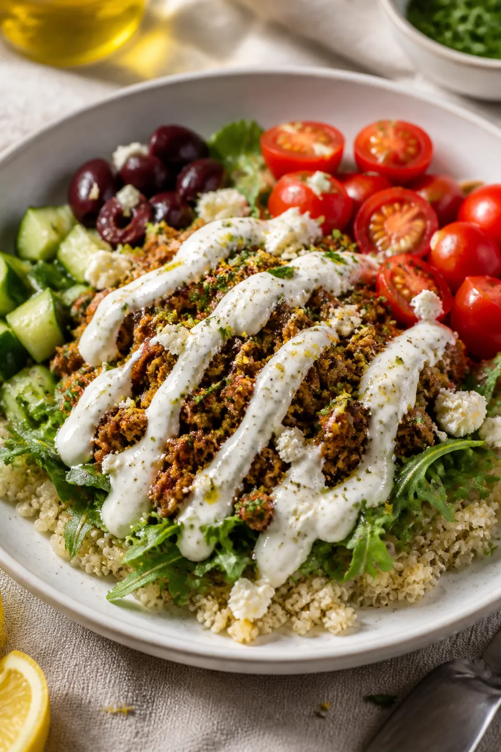 Final plated dish, restaurant-quality presentation: Beautifully plated Mediterranean grain bowl on a