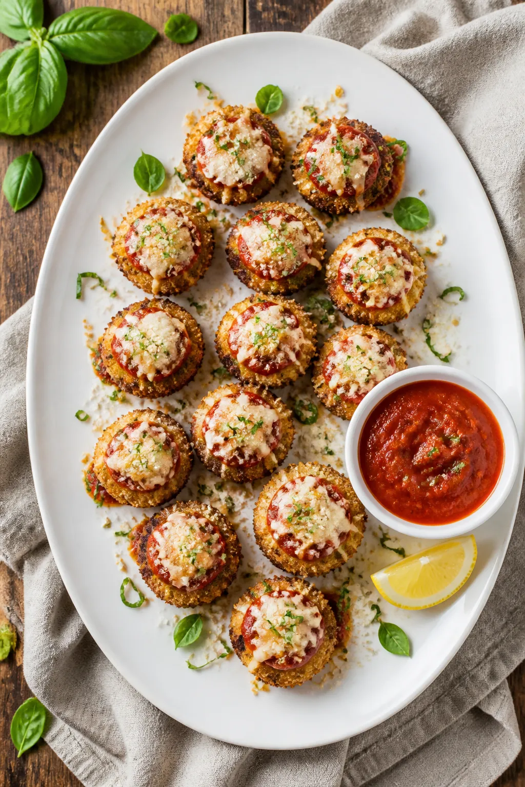 Final plated dish: Restaurant-quality presentation of chicken Parmesan bites on a white oval platter