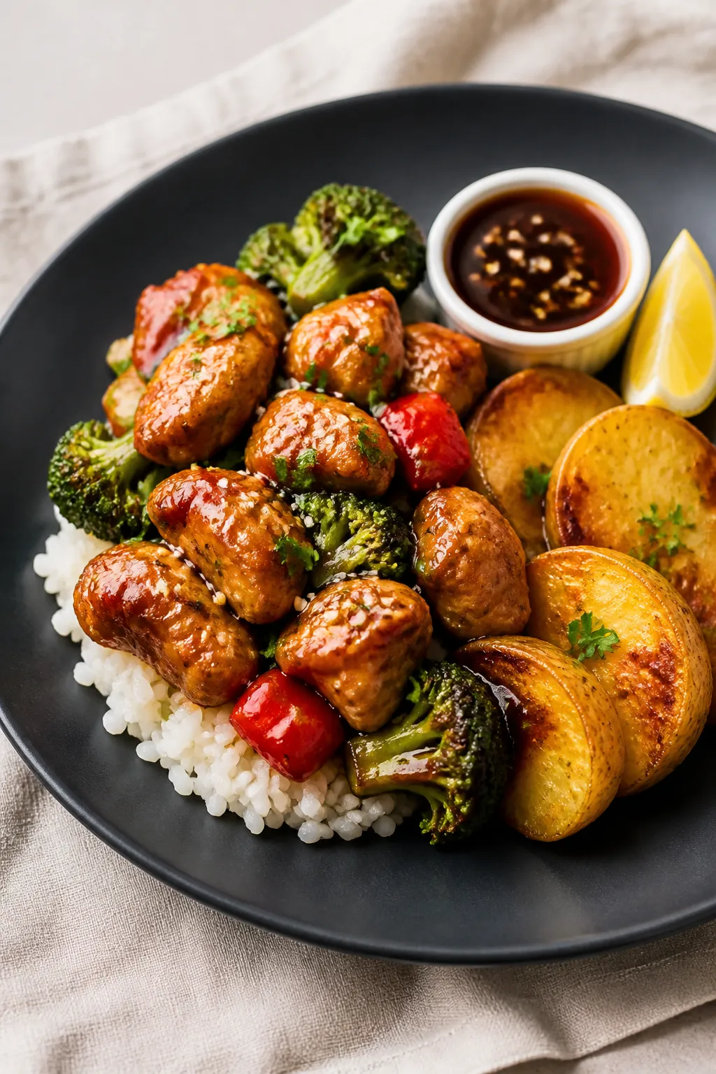 Final plated dish: Restaurant-quality presentation of honey garlic chicken and vegetables served ove