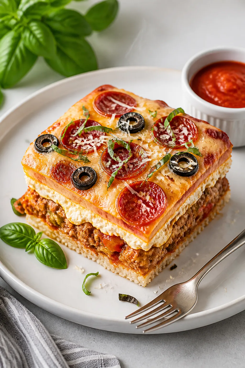 Final plated dish: Restaurant-quality presentation of a neatly cut square of High Protein Pizza Cass