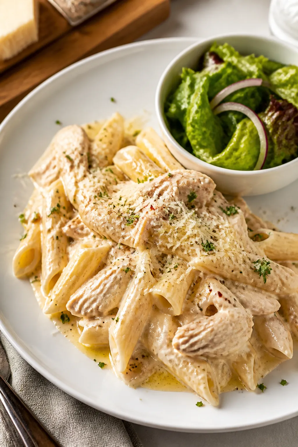 Final plated dish: Restaurant-quality presentation of a generous scoop of Rotisserie Chicken Alfredo