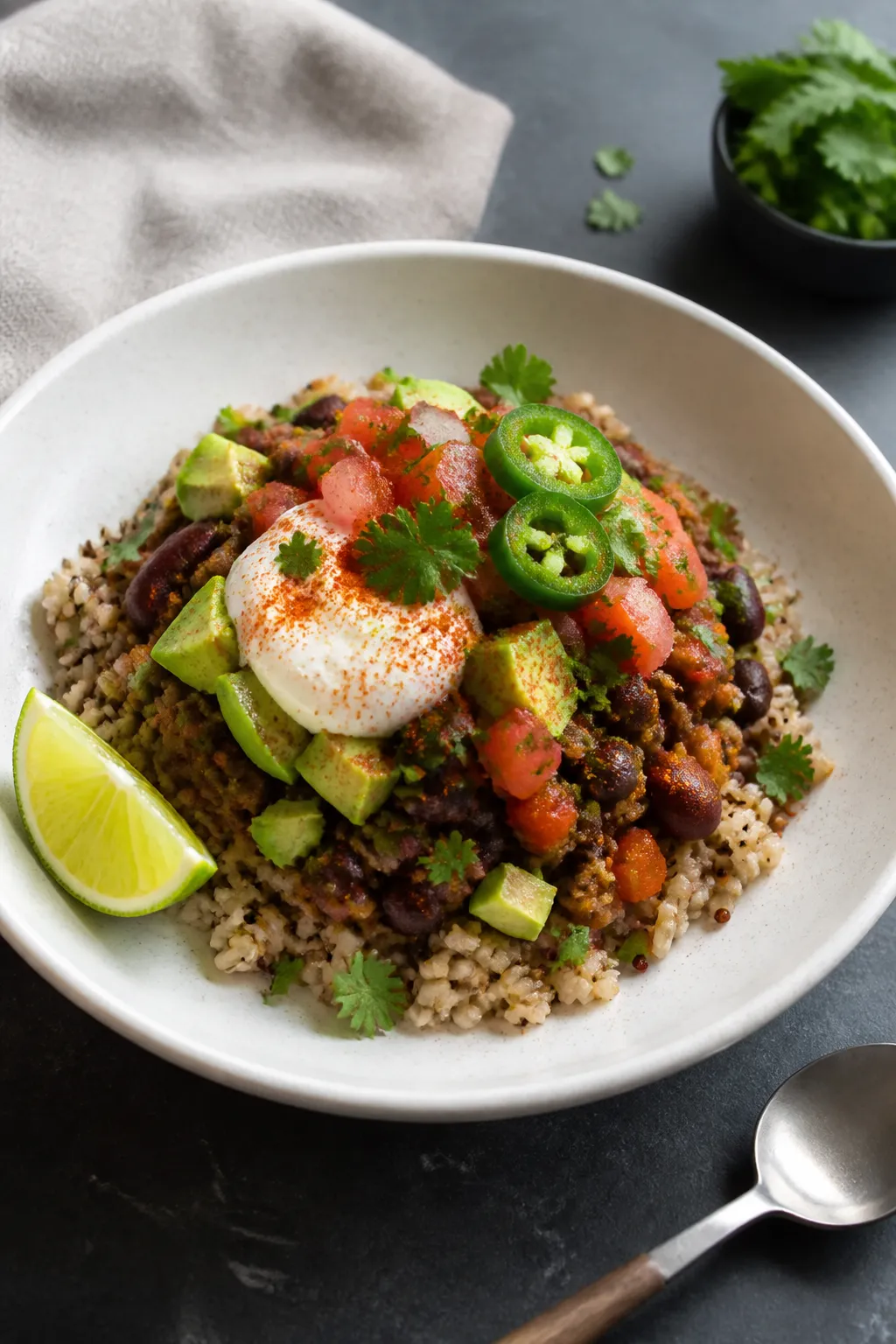 Final plated dish, restaurant-quality presentation: Beautifully plated taco skillet bowl—scoop of 