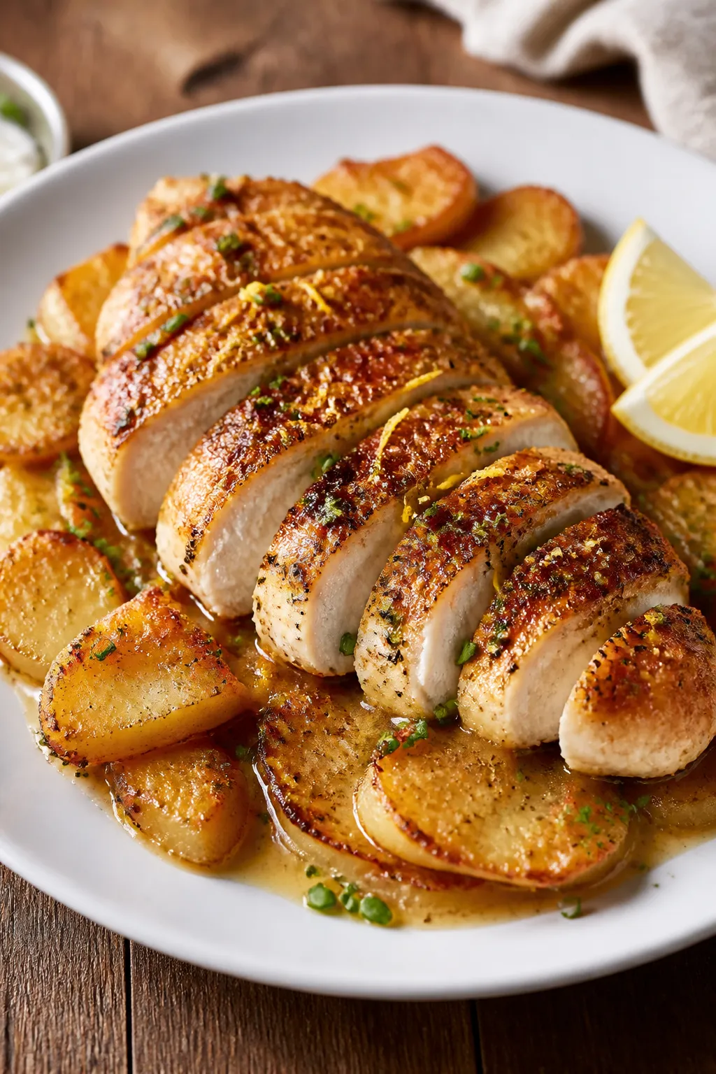 Final plated dish, restaurant-quality presentation: a sliced chicken breast fanned over a bed of pot