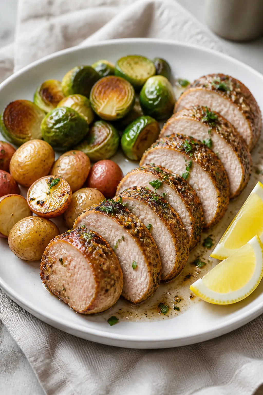 Final plated dish: Restaurant-quality presentation of garlic-Parmesan pork tenderloin arranged as 1/