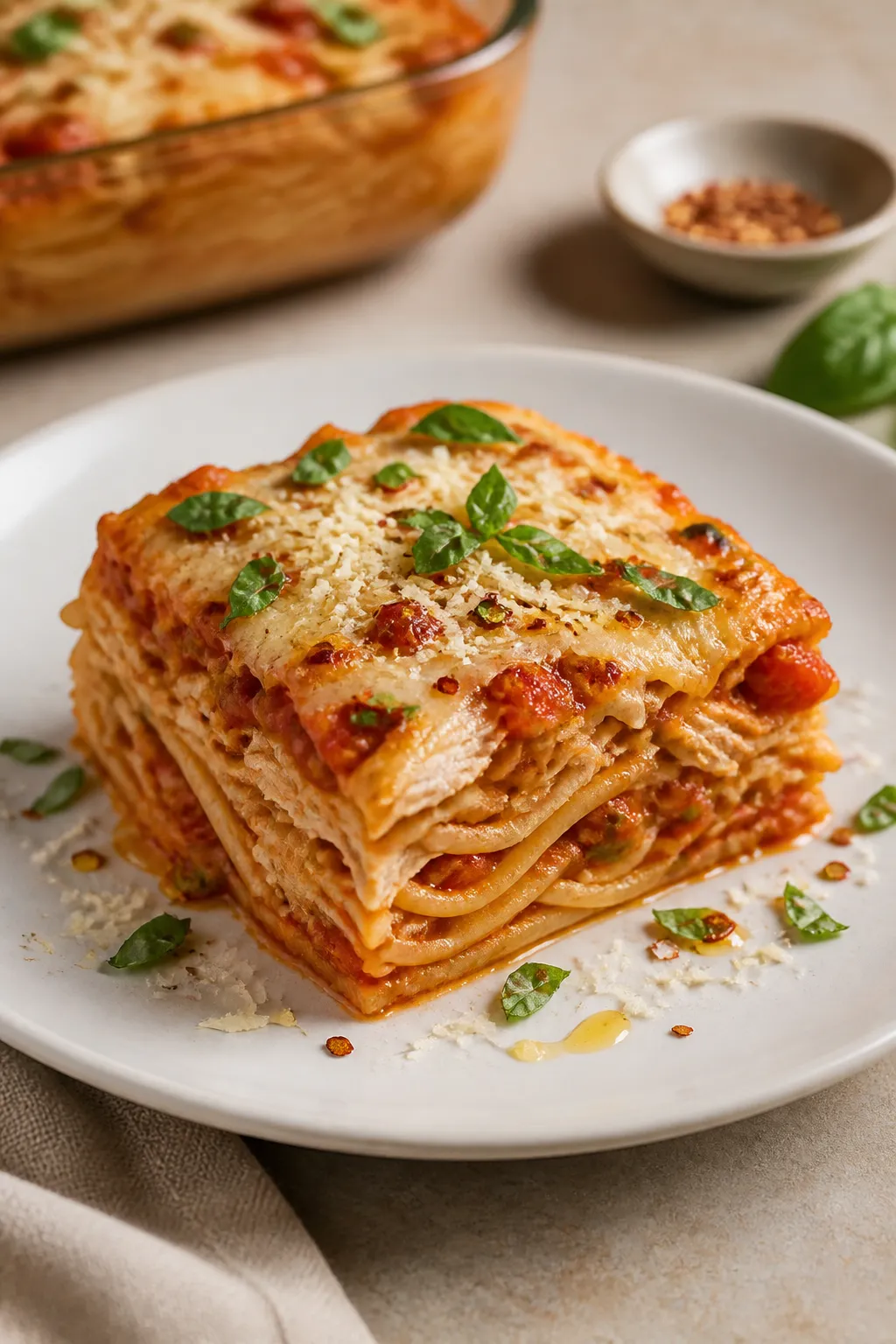 Final plated dish: Restaurant-quality presentation of a generous square of healthy chicken spaghetti