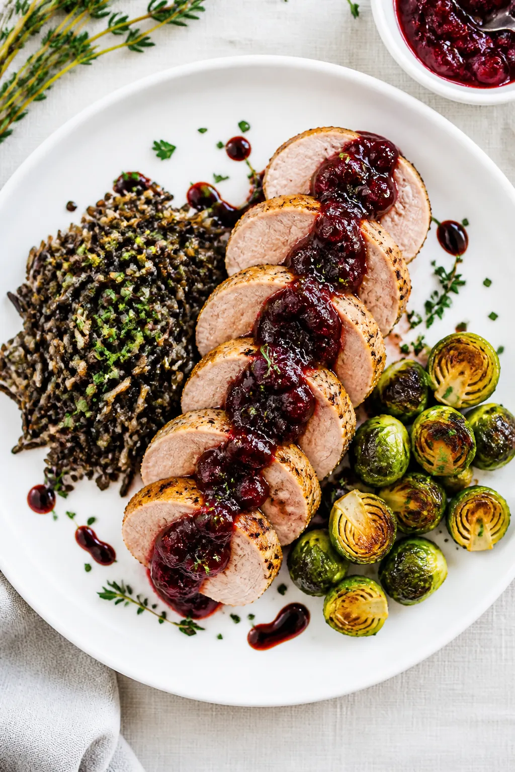 Final plated dish: Restaurant-quality presentation of cranberry pork tenderloin on a matte white pla