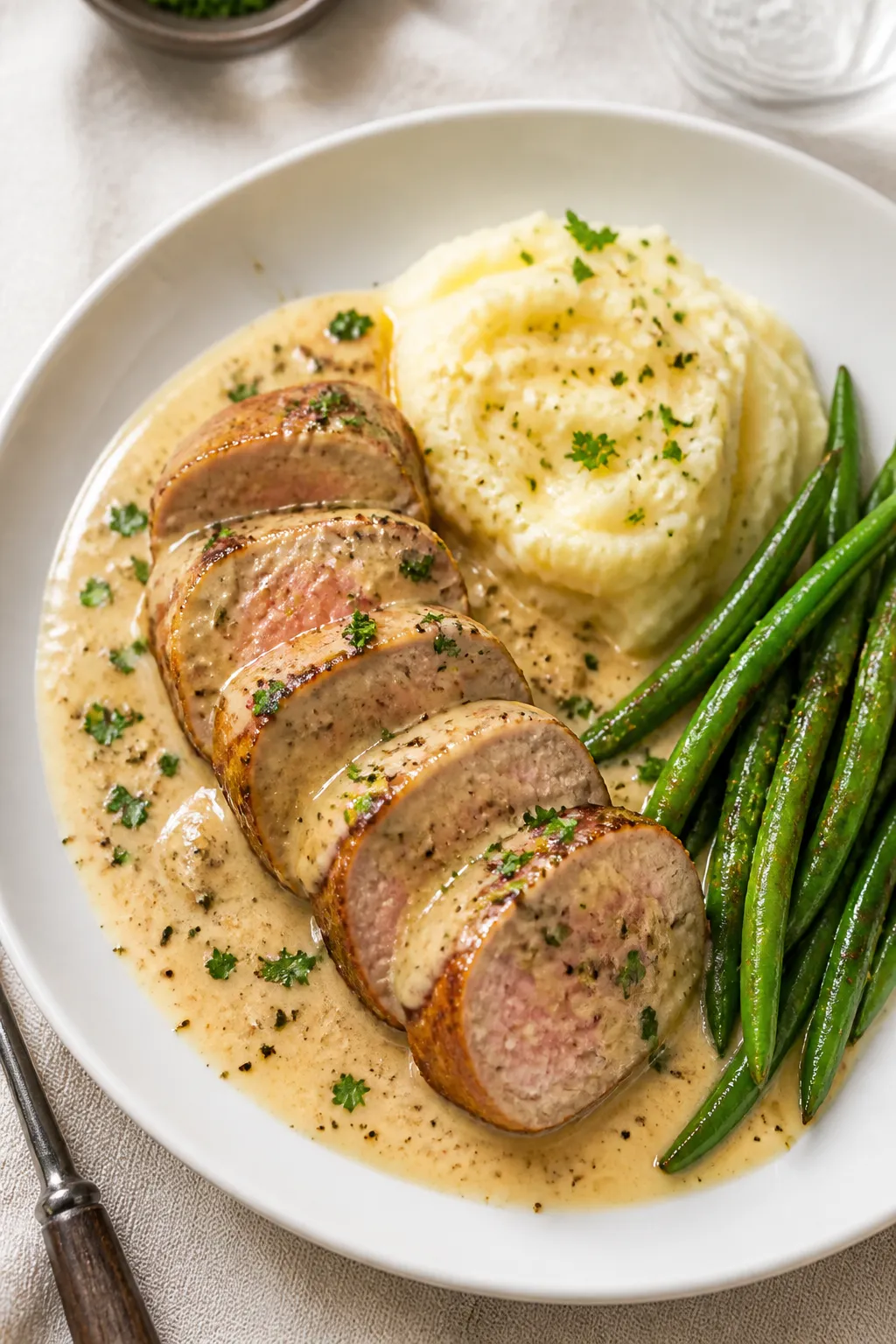 Final plated dish, restaurant-quality presentation: Pork tenderloin medallions nestled in silky garl