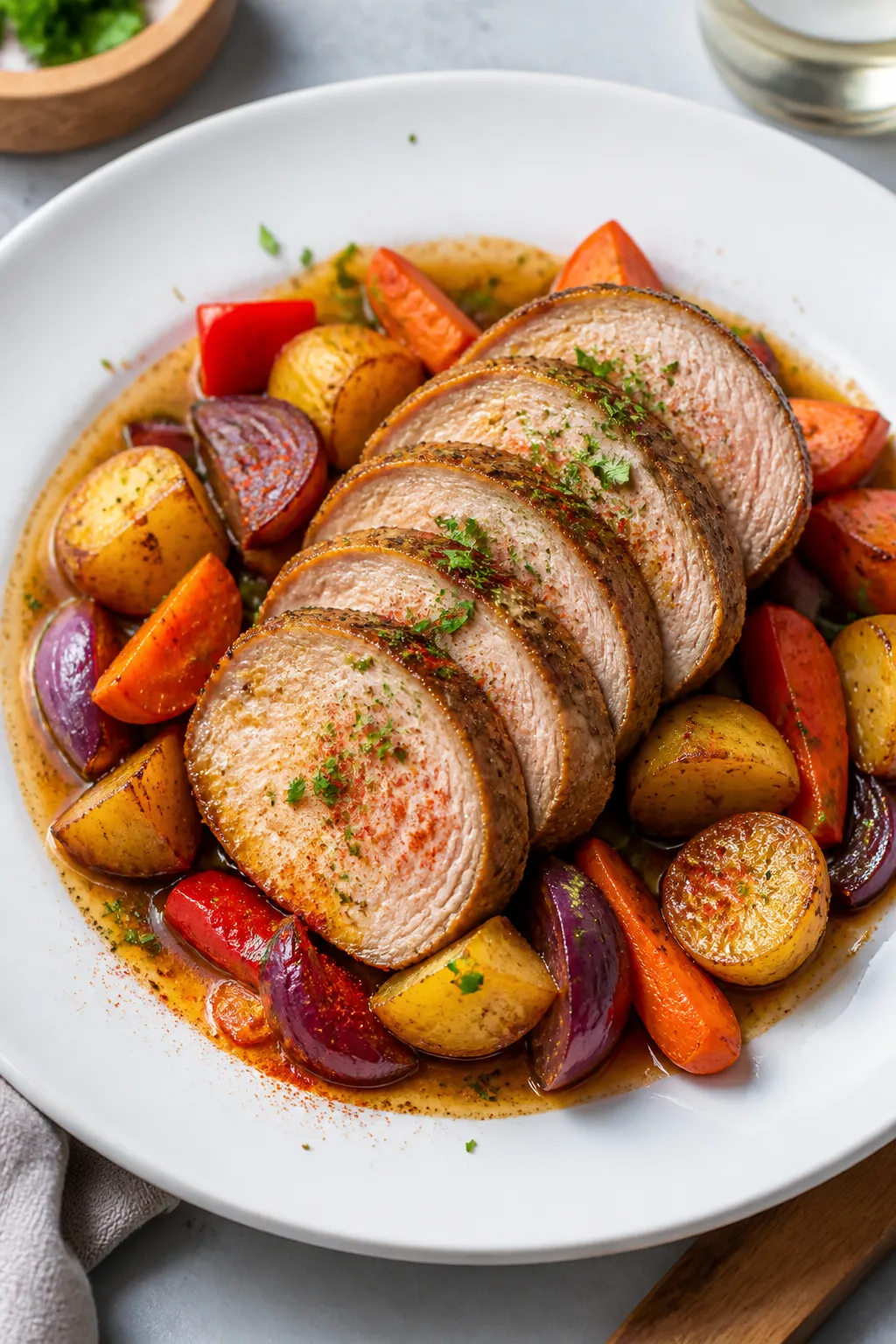 Final plated dish: Restaurant-quality presentation of One Pan Pork Tenderloin Dinner—thick 1/2-inc