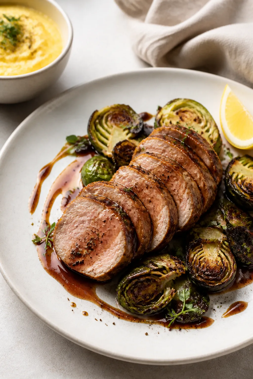 Final plated dish: Restaurant-quality presentation of balsamic pork tenderloin with Brussels sprouts