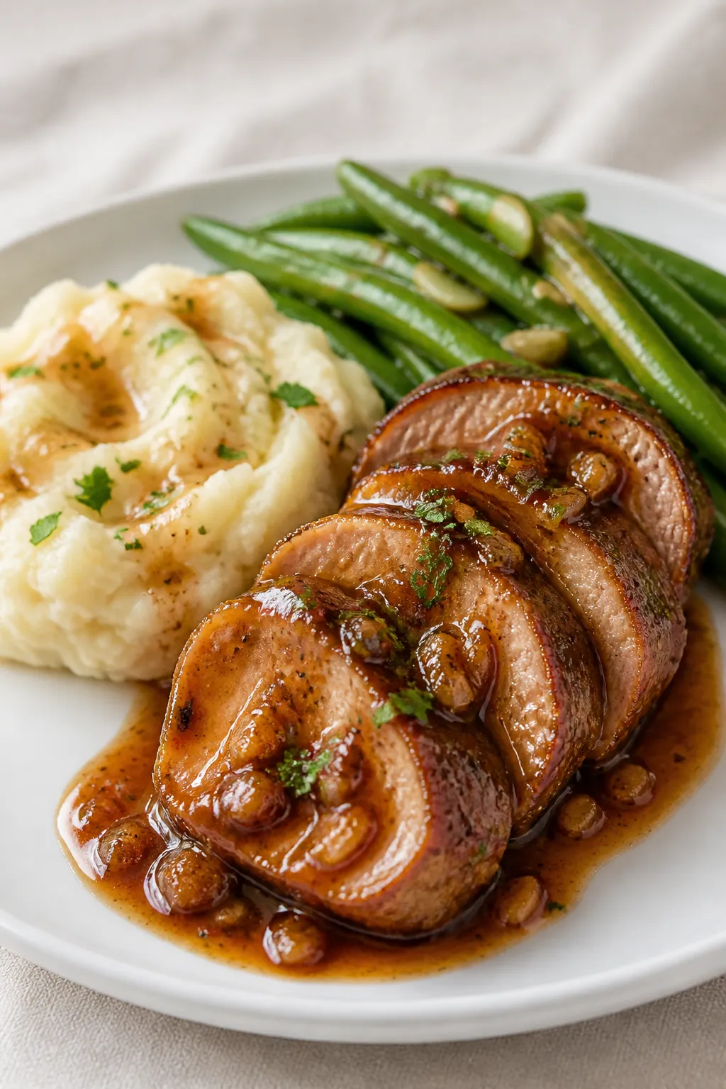Final plated dish: Restaurant-quality presentation of brown sugar garlic pork tenderloin on a wide w