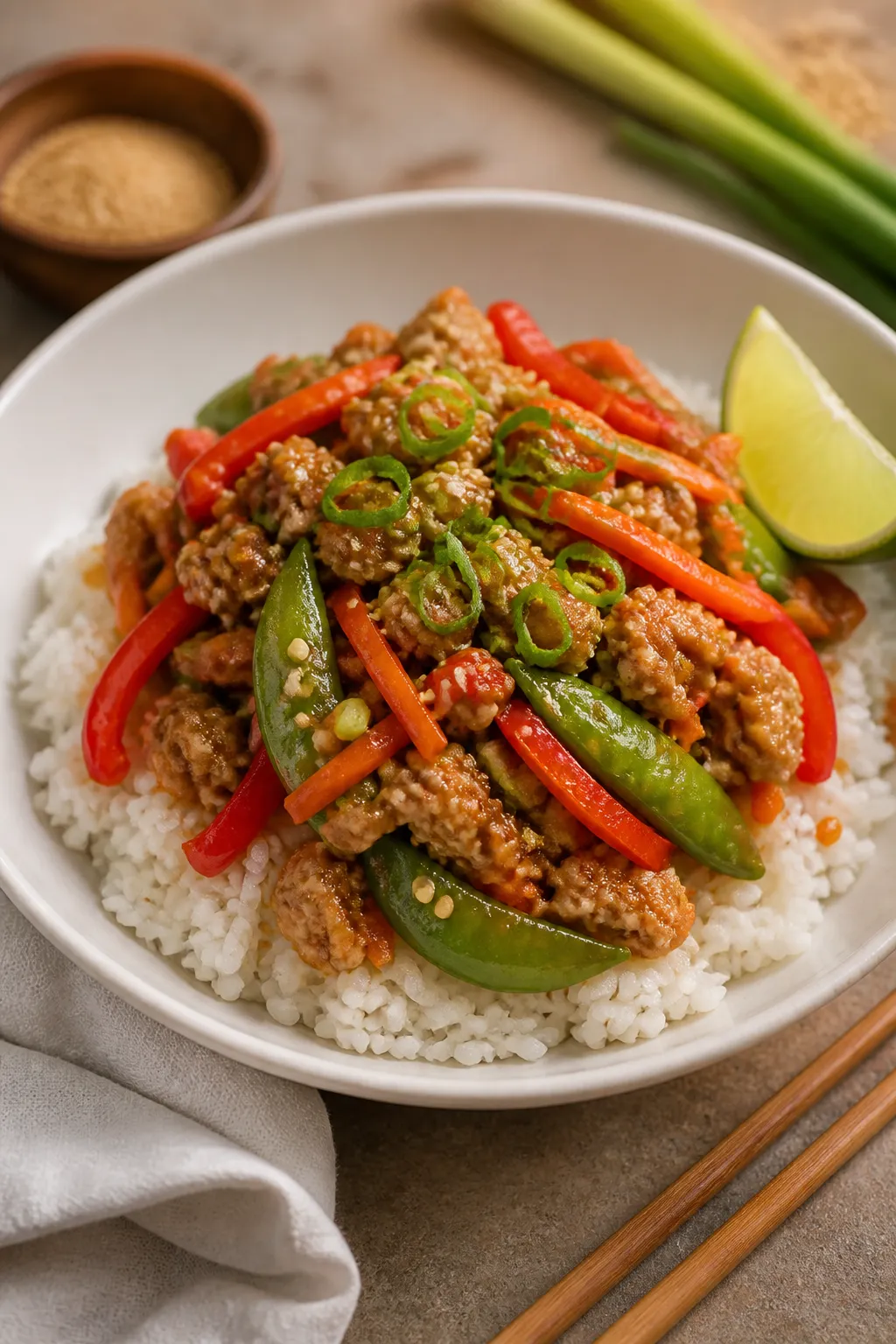 Final plated dish: Restaurant-quality presentation of ground chicken stir fry over steamed jasmine r