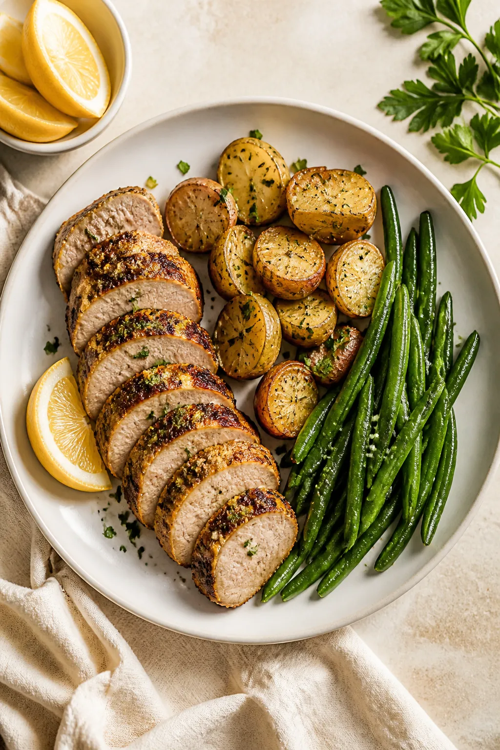 Final plated dish, restaurant-quality presentation: neat fan of 1/2-inch pork tenderloin medallions 