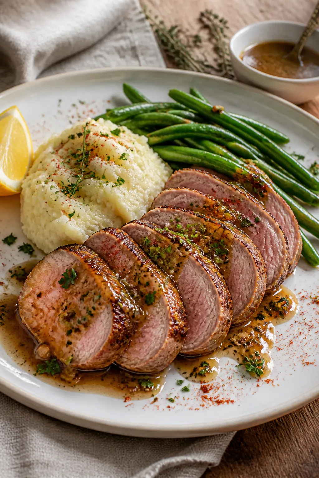 Final plated dish: Sliced keto garlic butter pork tenderloin medallions fanned on a white ceramic pl