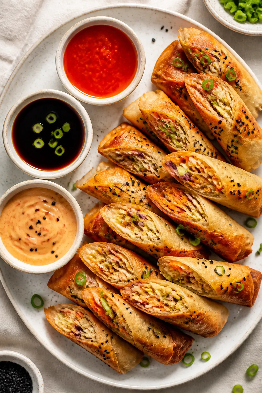 Final plated dish, tasty top view: Overhead shot of a platter of air fryer ground chicken egg rolls 