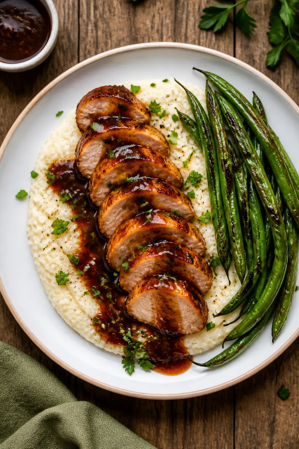 Final plated dish (tasty top view): Restaurant-style presentation of bourbon glazed pork tenderloin