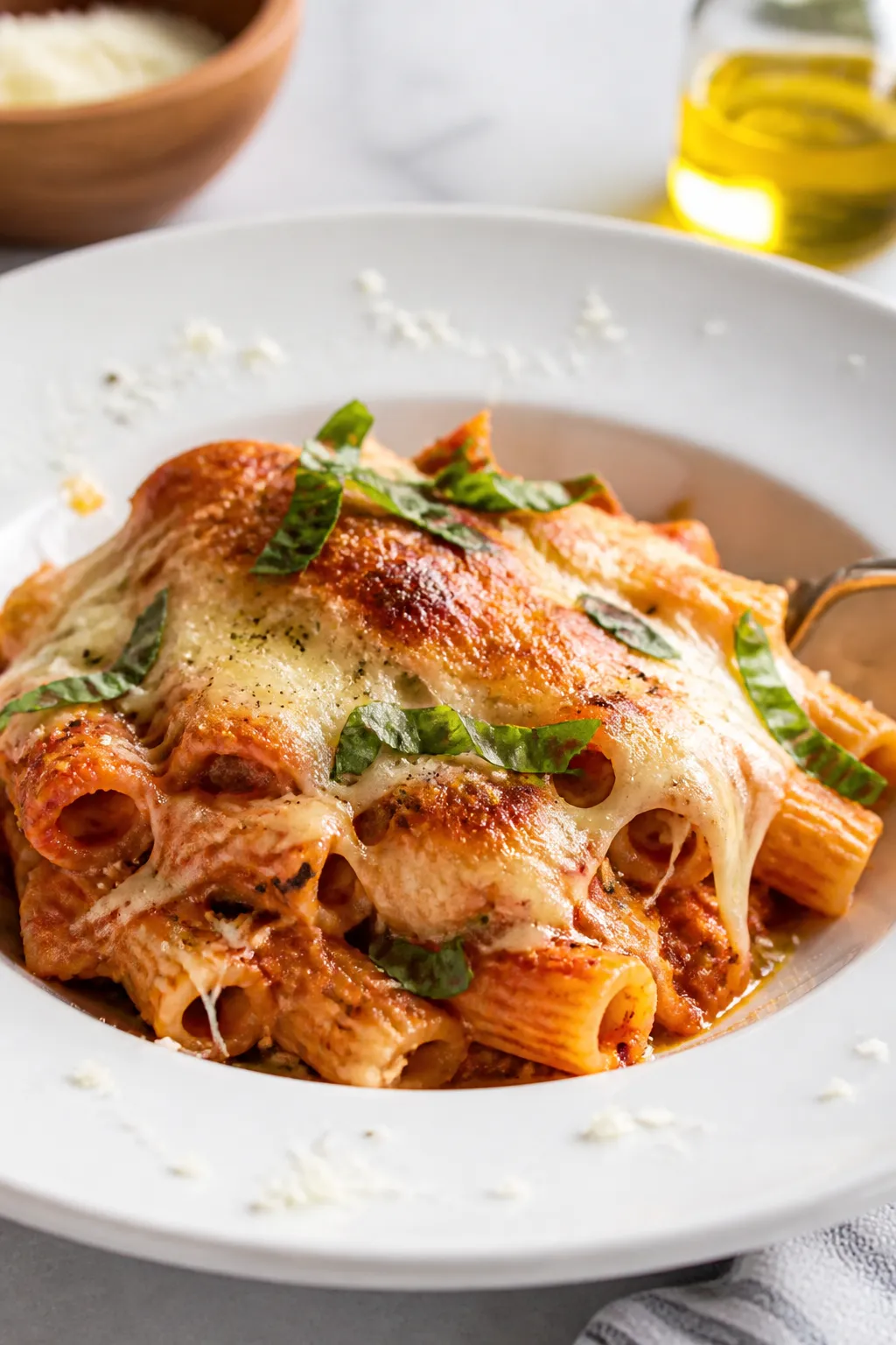 Final plated dish, : Three-cheese ground chicken pasta bake served in a wide, shallow white bowl—h