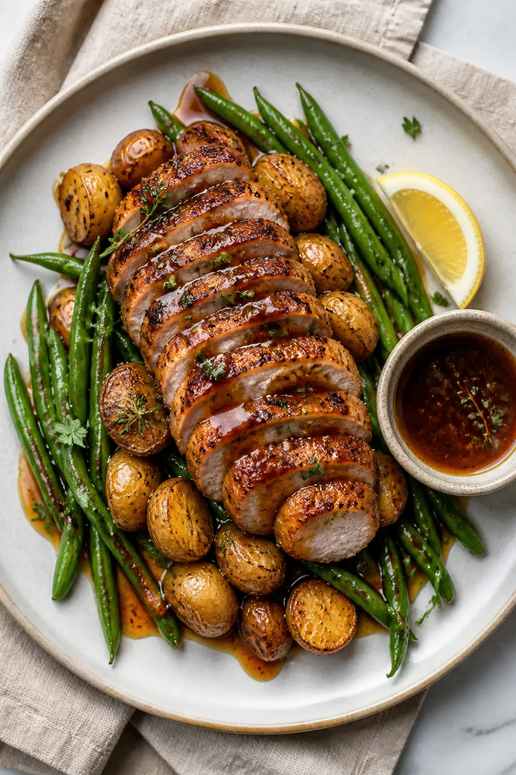 Final plated dish, top-down: Restaurant-quality presentation of sliced pork tenderloin fanned over r