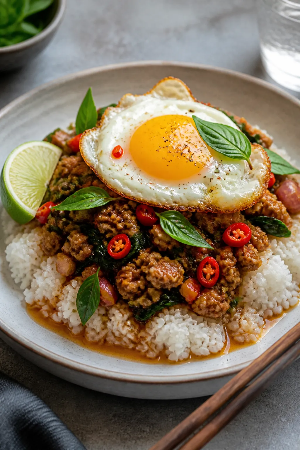 Final plated dish with egg: Beautifully plated Ground Chicken Thai Basil Stir Fry over a mound of fl