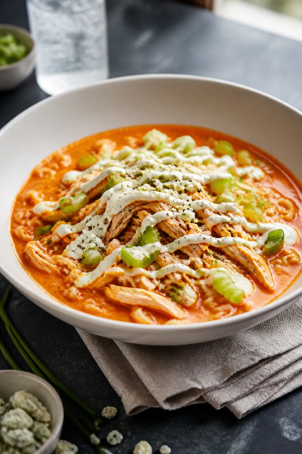 Final plated hero: A beautifully plated bowl of Buffalo Chicken Ramen, restaurant-quality presentati