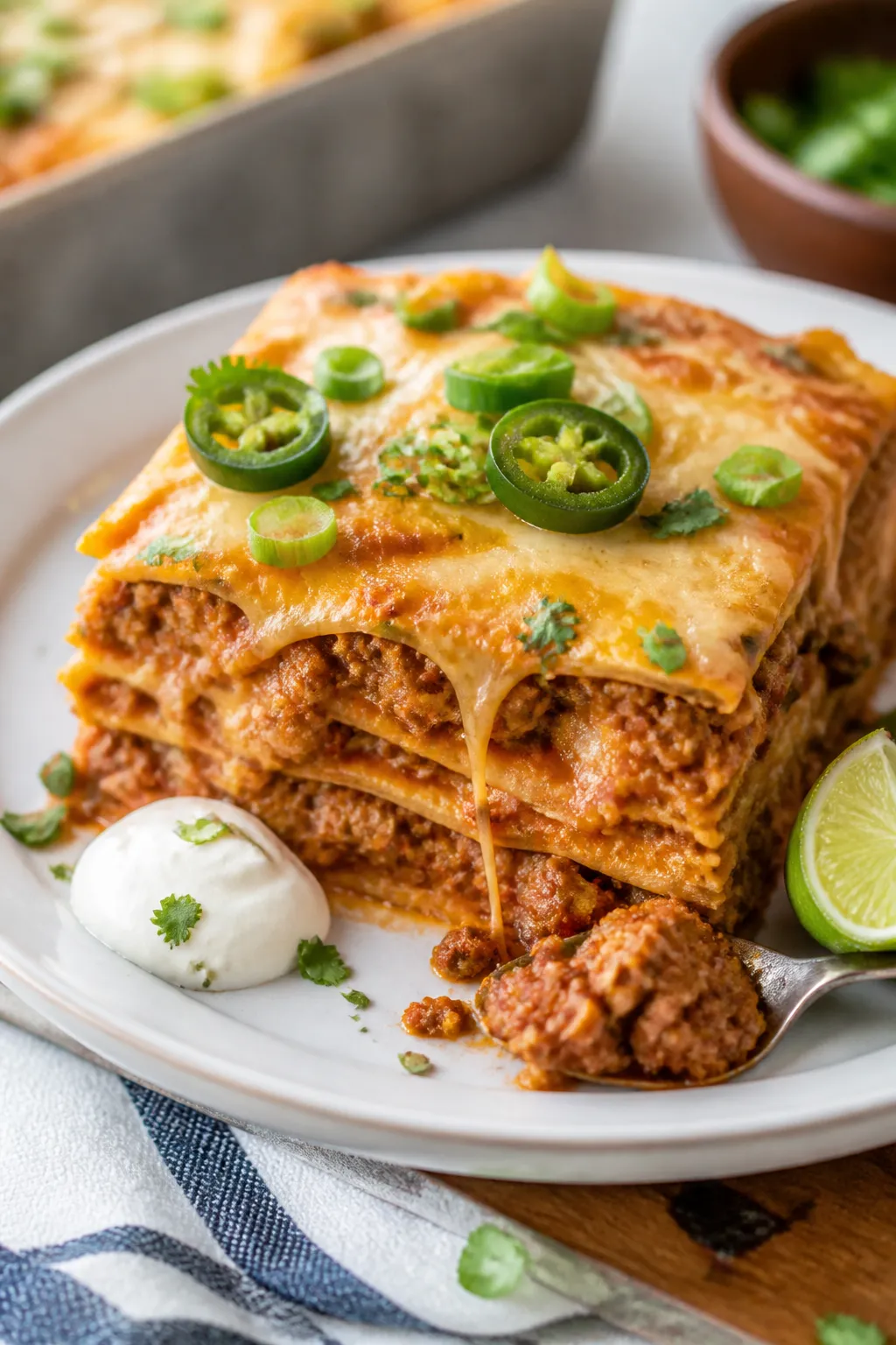 Final plated hero: A rested square slice of Ground Chicken Taco Casserole on a white ceramic plate,