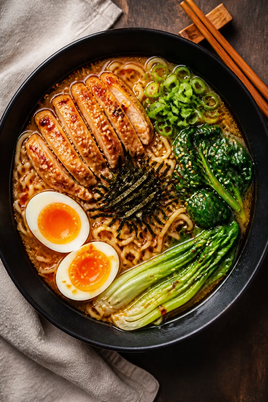 Final plated hero: Beautifully plated Garlic Sesame Chicken Ramen in a matte black bowl, springy ram