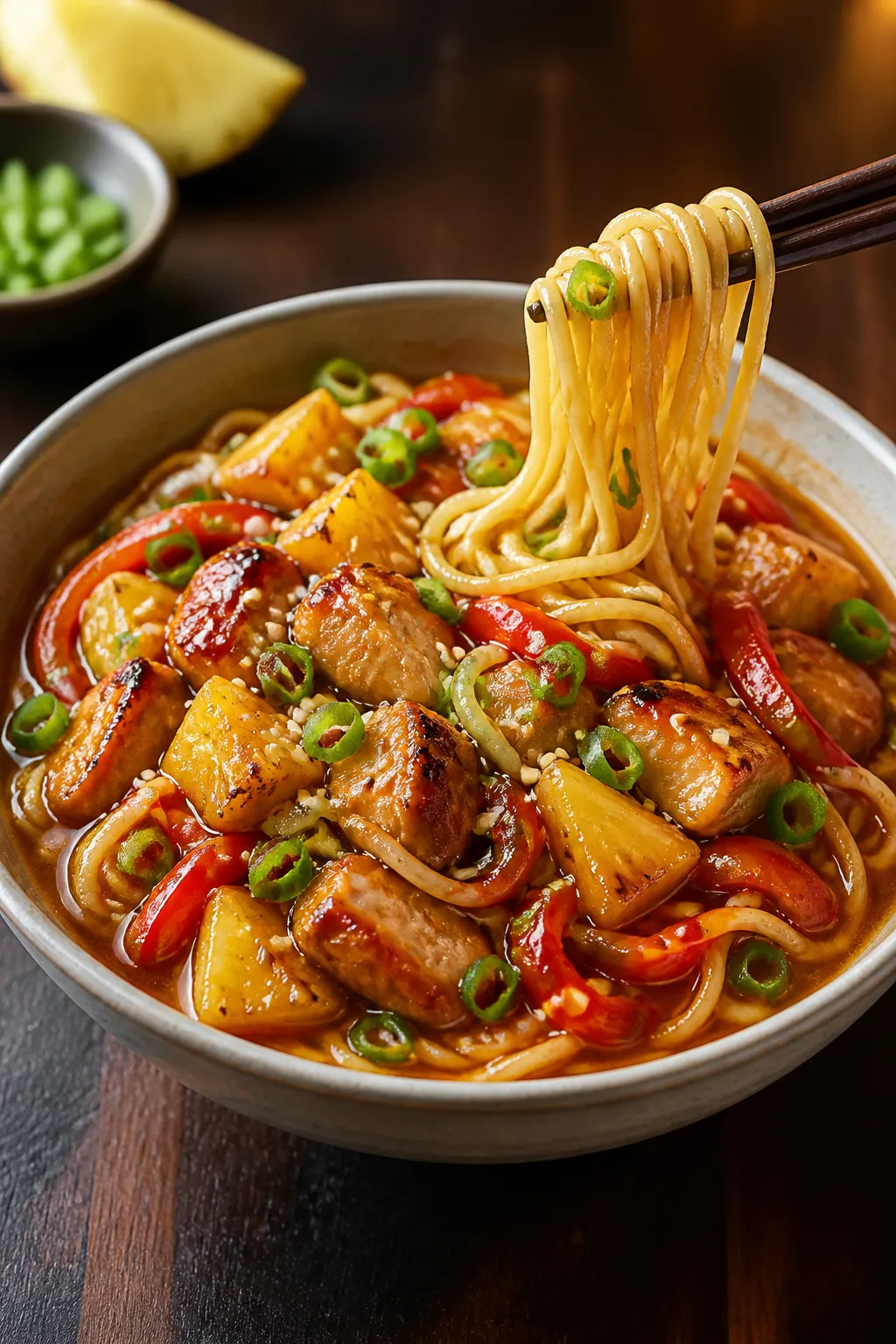 Final plated hero: Beautifully plated Sweet Hawaiian Chicken Ramen with noodles lifted slightly to s