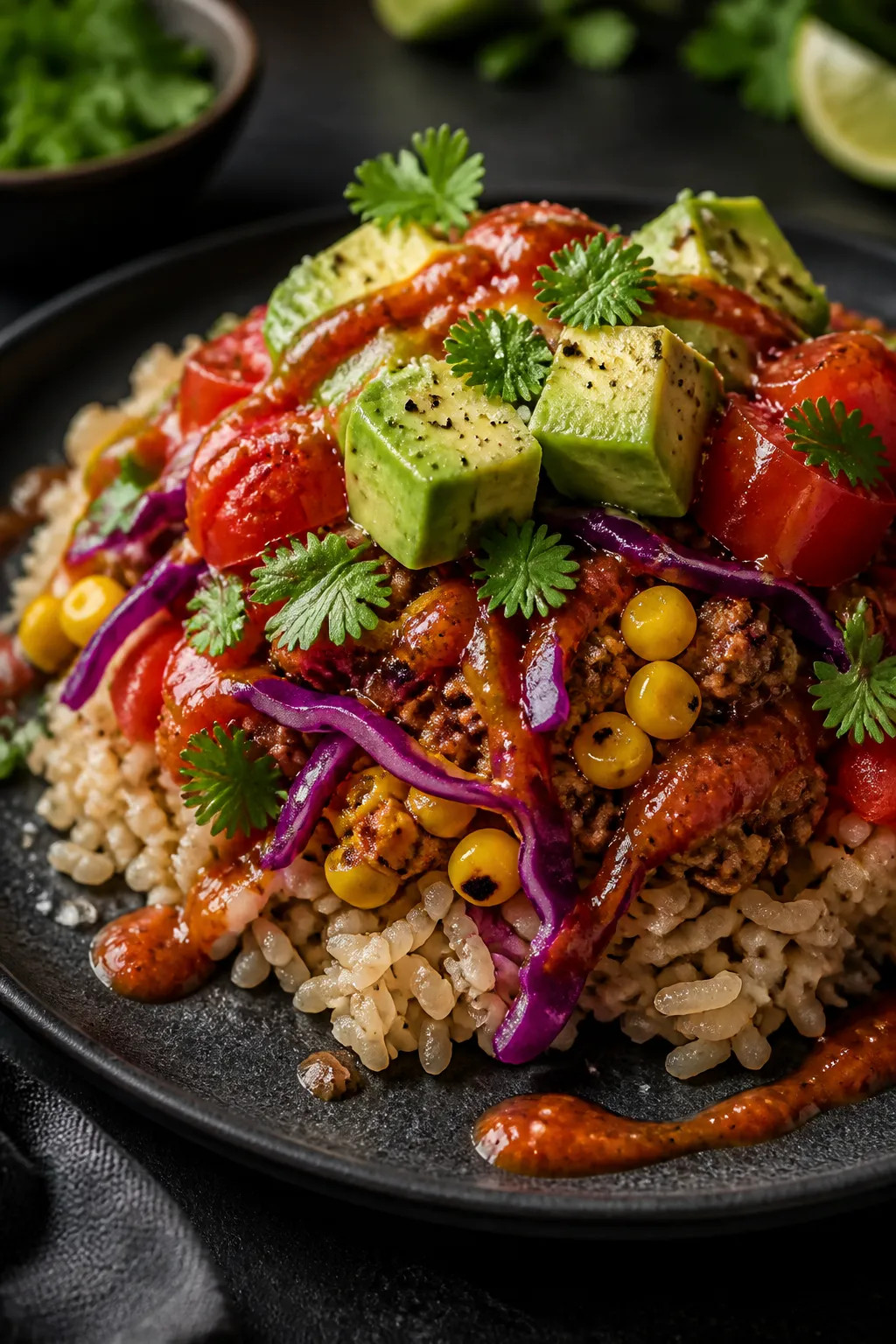 Final plated hero: Beauty plate of the Southwest bowl on a dark stoneware plate to pop the colors—